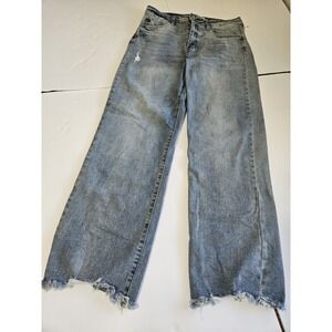 Kancan Womens High Rise Slim Wide Leg Size 7 Frayed Bottoms Mom Jeans